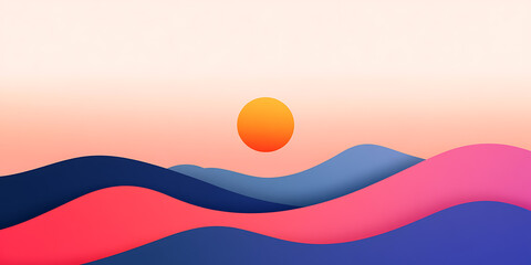 Poster - Abstract sunset landscape with rolling hills and a warm sun. A colorful and serene scene, perfect for backgrounds or digital art. Peaceful and eye-catching.