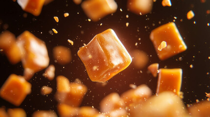 Poster - Caramel candies with golden background for sweet confectionery design