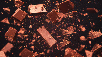 Poster - Dynamic background of falling chocolate bars and fragments for confectionery design