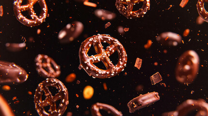 Poster - Chocolate pretzel cascade background for dessert design and sweets concept