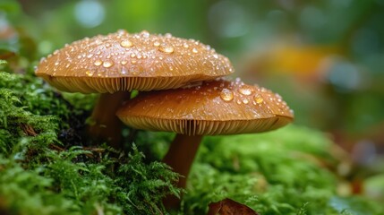 Canvas Print - Two mushrooms sit atop a thick layer of forest moss