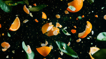 Poster - Vibrant background of falling citrus peels and orange slices for creative design