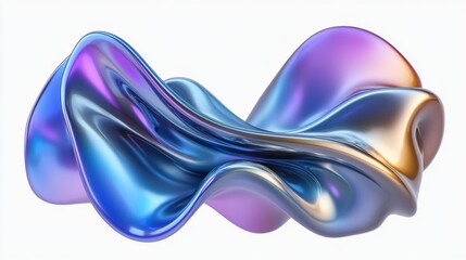 Wall Mural - A white-isolated 3D abstract object with a holographic liquid chrome futuristic design, featuring a fluid blob and an alien mountain background