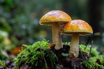 Poster - A group of mushrooms growing on the top of a tree stump in a forest