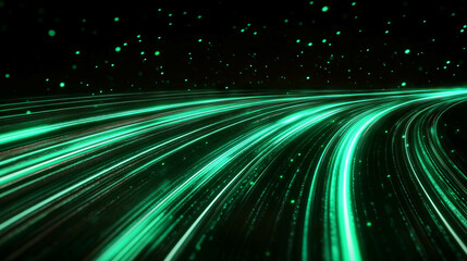 Poster - Futuristic digital data streams with glowing green light effects for tech background design