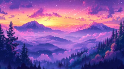 Wall Mural - a fantasy scene featuring a radiant sky filled with cosmos, a starry night, light-kissed mountains, 