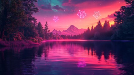 Wall Mural - dreamy fantasy aurora borealis in the galaxy sky, with mountains in the background. a spiritual psyc