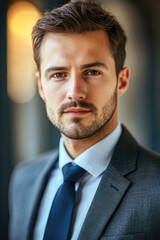 Poster - A professional businessman posing for a photo in a suit and tie, suitable for corporate or business-related projects