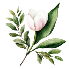 Poster - White tulip flower with green leaves isolated on a white background for nature and floral compositions isolated on transparent background..
