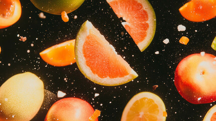 Aufkleber - Colorful falling fruit background with citrus and apple slices for creative design