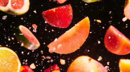 Poster - Vibrant background with falling mixed fruit pieces for bright and fresh design