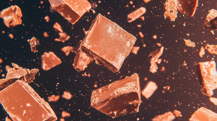Poster - Falling fudge pieces on rich brown background for sweet treat designs