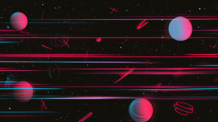 Poster - Futuristic space scene with falling geometric neon shapes and stars