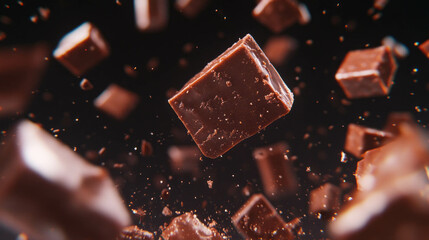 Poster - Floating fudge pieces on a rich brown background for dessert-themed designs