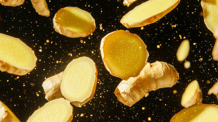 Aufkleber - Ginger slices floating on beige background for culinary and health designs
