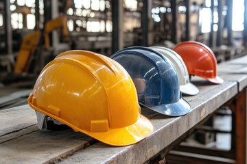 Poster - A collection of hard hats arranged on a wooden table, suitable for use in construction, industry or work-related contexts