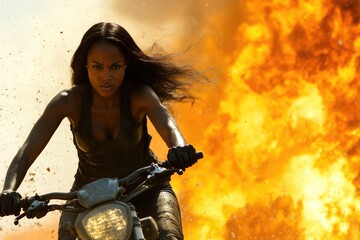 Poster - A woman rides her motorcycle towards a burning fire, one informative phrase about what pictured on image and a one phrase with a short advice of where may be used this picture