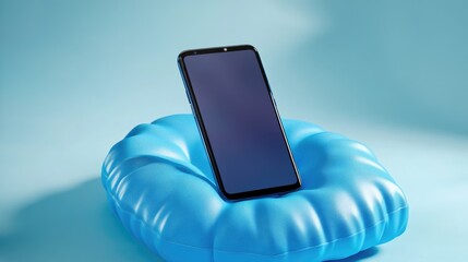 Poster - A cell phone sits atop a blue pillow, perfect for a desk or home decor