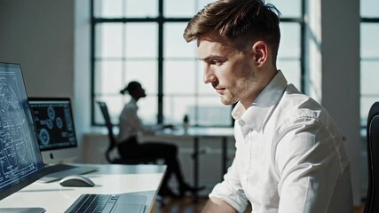 Aufkleber - Montage of an engineer working on a computer with technical drawings on screen, in slow motion, showcasing dedication and focus in a modern office environment