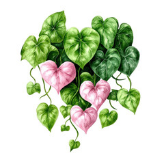 Poster - Green and pink hearts surrounded by leaves on a white background for decorative use isolated on transparent background..