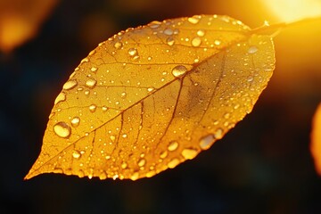 Poster - A close-up shot of a leaf with water droplets glistening on its surface