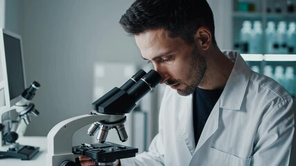 Poster - Laboratory scientist carefully examining samples under a microscope, conducting research in a modern laboratory setting, captured in slow motion