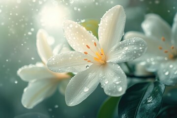Poster - Fresh white flowers with water droplets glistening on their petals, perfect for still life photography or romantic gestures