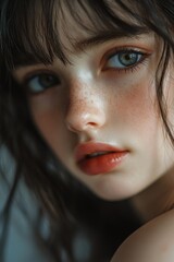 Poster - A close-up of a woman's face with distinctive freckles, ideal for use in portraits, beauty and lifestyle projects