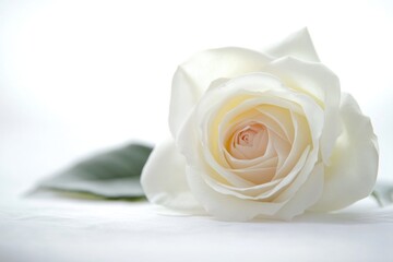 Poster - A single white rose sits atop a clean white table, perfect for minimalist decorations or as a symbol of simplicity