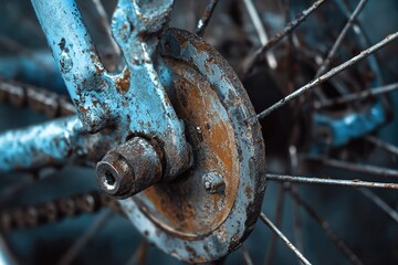 Poster - Close-up shot of a rusty old bicycle wheel with worn-out tire and rusty frame