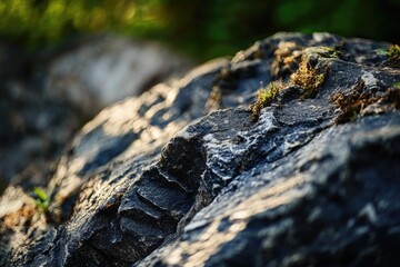 Aufkleber - A detailed view of a rocky surface covered in moss and greenery
