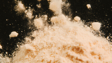 Poster - Falling oat flour on light beige background for culinary design