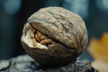 Poster - A close-up view of a walnut sitting on a decaying tree stump