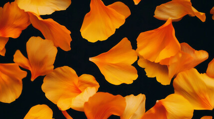 Poster - Vibrant falling orange and yellow calendula petals on dark background