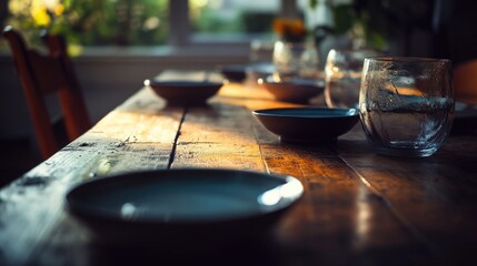 Poster - A wooden table decorated with bowls and plates