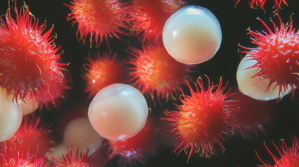 Poster - Vibrant rambutan fruits with red spikes on black background for exotic theme designs