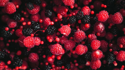 Poster - Vibrant background of falling red and black salmonberries for design and decoration