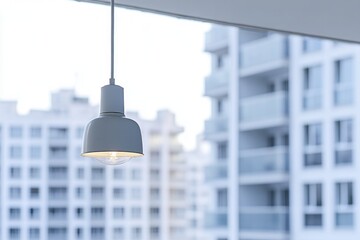 Poster - A light hangs from the ceiling in front of a window, simple interior design