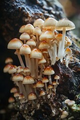 Poster - Close-up of mushrooms growing on a decaying tree stump in a forest