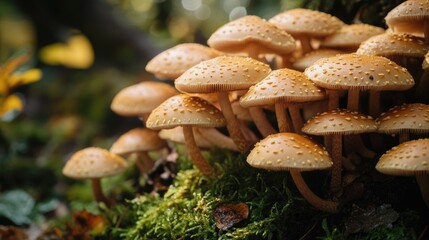 Poster - A group of mushrooms sit atop a moss-covered tree trunk