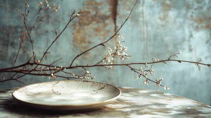 Poster - A plain white plate sitting on a table, ideal for food styling or flat lay photography