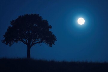 Wall Mural - Silhouetted tree against dark blue sky with full moon above, darkness, forest, serene