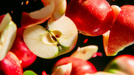 Poster - Fresh and vibrant background of falling sliced red and green apples for creative design