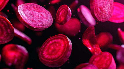 Poster - Vibrant background of falling sliced beets in deep red for culinary design