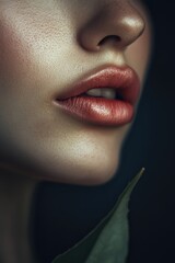 Poster - A close-up shot of a woman's face with a leaf in her hair, perfect for beauty or nature-themed concepts