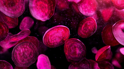 Poster - Vibrant falling sliced beets on deep red background for food art design