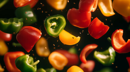 Aufkleber - Colorful assortment of falling sliced bell peppers on dark background for food design