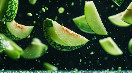 Poster - Dynamic background of falling sliced bitter melons for creative design