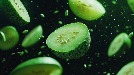 Aufkleber - Fresh and vibrant composition of falling sliced bitter melons in mid-air