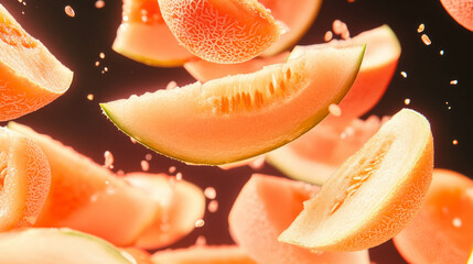 Poster - Vibrant background of falling sliced cantaloupes and oranges for fresh summer design